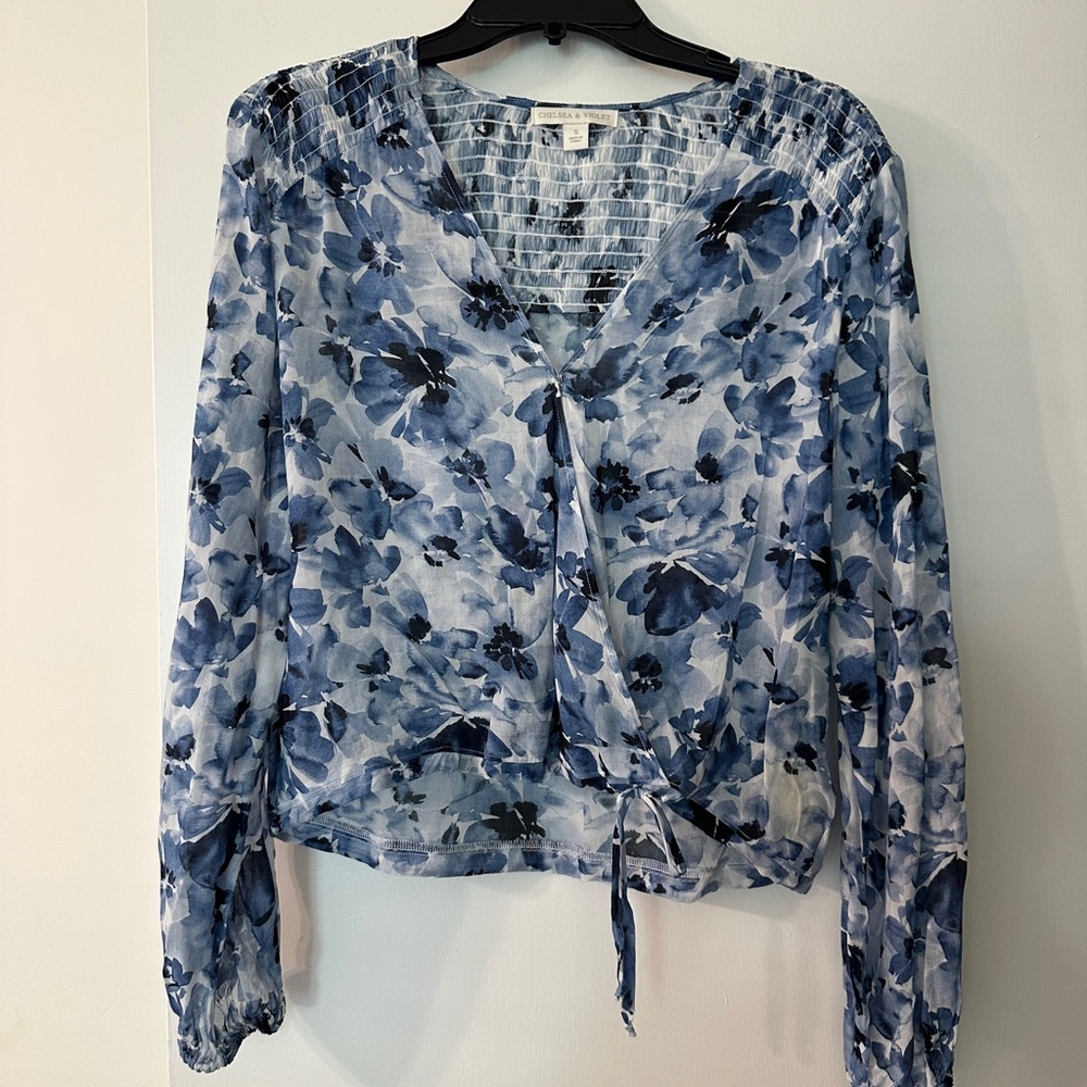 Chelsea & Violet Blue Tie Front Long Sleeve Blouse